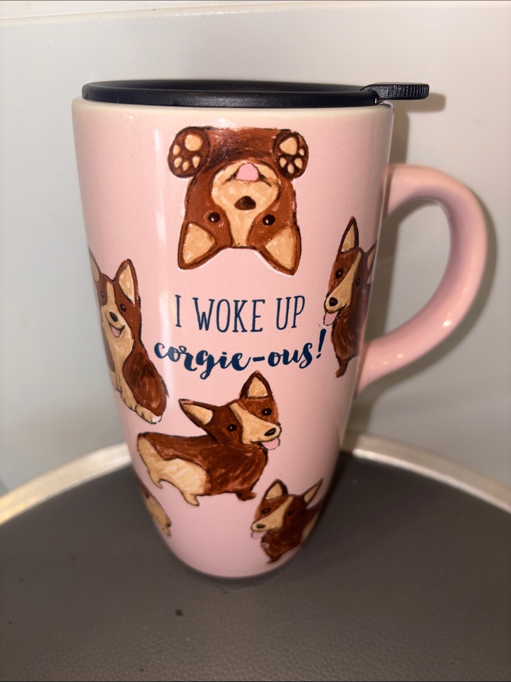 “I Woke Up Corgie-ous” Pink Ceramic Travel Mug with Lid by Sheffield Home, 22 Oz